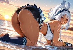 1girl ai_assisted ai_generated all_fours animal_ears ass bangs bare_shoulders beach blush braid breasts curvaceous curvy curvy_female curvy_figure dark_skin female genshin_impact gloves grin hairband large_breasts long_hair looking_at_viewer looking_back miyuai mualani_(genshin_impact) native_american outdoors parted_lips red_eyes shorts smile solo thick thick_ass thick_butt thick_hips thick_legs thick_thighs thighs voluptuous voluptuous_female water white_hair wide_hips wide_thighs
