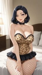1girls ai_generated background bare_shoulders bed bedroom black_hair blue_eyes choker cleavage collarbone commentary_request curtains curvy curvy_female curvy_figure earrings eyelashes eyeliner female female_focus fishnet_legwear fishnet_pantyhose fishnets frilled_skirt frills hair hand_on_thigh indoors large_breasts leopard_print leotard lia_the_busty_redhead lipstick looking_at_viewer makeup married_female mature mature_female mature_woman medium_hair microskirt milf nail_polish original original_character painted_nails pillow seductive seductive_look seductive_smile self_upload sitting sleeveless smile smile_at_viewer solo_female tagme thick_thighs thighs wedding_ring wide_hips woman