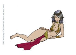 1girls black_hair crossover_cosplay female female_only green_eyes hair_over_one_eye inspector97 laying_on_side rubi_malone slave_bikini slave_outfit tattoo tattoo_on_arm tattooed_arm wet_(game)