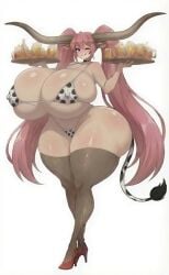 1girl ai ai_edit ai_generated beer bikini blush cleavage cow_print curvy dynamic_pose fishnet_legwear fishnets glossy_skin high_heels holding holding_beer holding_tray huge_ass huge_breasts large_horns long_hair looking_at_viewer midriff n647 pink_hair red_high_heels smile solo sweat thick_thighs tray twintails underboob wide_hips winking