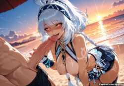 1boy 1girl after_fellatio ai_assisted ai_generated bangs bare_shoulders beach bent_over blunt_bangs blush braid breasts choker cum curvaceous curvy curvy_female curvy_figure eyebrows_visible_through_hair fellatio female fingernails genshin_impact hair_intakes hairband handjob hetero highleg large_breasts licking long_fingernails long_hair miyuai mualani_(genshin_impact) nipples ocean open_mouth oral outdoors penis ponytail red_eyes silver_hair solo_focus sunset tattoo testicles thick thick_ass thick_butt thick_hips thick_legs thick_thighs thighs tongue tongue_out umbrella veiny_penis voluptuous voluptuous_female wide_hips wide_thighs