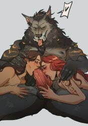 balls breasts brown_hair canine canine_genitalia canine_on_human canine_penis closed_eyes dominant domination duart fangs fellatio female femsub fur furry furry_male furry_with_non-furry interspecies knot licking licking_penis looking_pleasured male muscular muscular_anthro muscular_male oral penis red_hair submissive tattoo tongue tribal_markings werewolf wolf