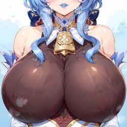 ai_generated asian asian_female big_breasts blue_hair blue_lipstick breast_focus ganyu_(genshin_impact) genshin_impact gifted11 huge_breasts light-skinned_female long_hair