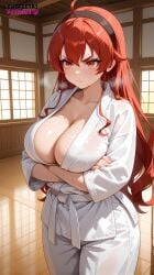 ai_assisted ai_generated angry_face big_breasts breasts cleavage dojo eris_greyrat female lewdfeetai mushoku_tensei solo sweat