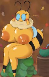 bee big_breasts big_thighs blushing bug_fables fluffy_(bug_fables) hyper_breasts moonsprout_games philahorns sitting surprised tagme