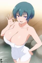 1female 1girl 1girls 2026 :d ai_generated artist_name bangs bare_shoulders big_ass big_breasts breasts classroom_of_the_elite cleavage collarbone curvy green_hair hand_on_hip hi_res high_quality high_resolution highres huge_ass huge_breasts ibuki_mio large_breasts looking_at_viewer naked_towel ok_sign onsen open_mouth patreon patreon_username purple_eyes short_hair smile solo standing towel unjobdespiert water watermark
