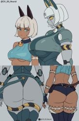 2girls big_ass big_breasts blue_eyes bottomless breast_envy breasts cat_ears cat_girl cat_tail catgirl cleavage dark-skinned_female dark_skin envy feline female female_only huge_ass large_breasts multiple_females multiple_girls nadia_fortune robo-fortune robot_girl short_hair skullgirls tail underboob white_hair yellow_eyes