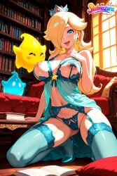 1girl ai_assisted ai_generated blonde_hair blue_eyes blue_footwear blue_panties blue_thighhighs blush book breast_sucking breasts couch crown earrings female_pubic_hair garter_belt hair_over_one_eye hand_on_own_chest high_heels indoors jewelry large_breasts lingerie long_hair looking_at_viewer mario_(series) navel nintendo nipples open_mouth panties patreon princess_rosalina princess_rosalina_(movie) pubic_hair rosalina solo star_(symbol) stelmazura thighhighs tongue tongue_out underwear window