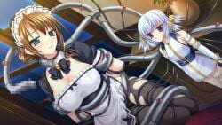 2girls black_bow black_bowtie black_pantyhose blue_eyes blue_hair blush bound bound_arms bound_legs bow bowtie breasts brown_hair censored detached_collar detached_sleeves dress floating from_below game_asset grabbed_by_tentacles grey_eyes hair_ornament half-closed_eyes indoors kimishima_ao large_breasts legs_together maid maid_headdress mosaic_censoring multiple_girls non-web_source novem_(shion_no_ketsuzoku) official_art pantyhose penis_tentacle shion_no_ketsuzoku short_hair sleeveless sleeveless_dress standing tentacle_girl tentacles torn_clothes white_dress wing_hair_ornament