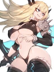 1girls abs athletic athletic_female big_breasts black_clothing black_gloves black_lingerie blonde_hair blue_eyes breasts cleavage closed_mouth clothing earrings elbow_gloves fumio_(rsqkr) gloves hand_on_hip hand_on_own_hip holding holding_object holding_sword holding_weapon jewelry large_breasts lingerie lingerie_only long_hair looking_at_viewer magik_(illyana_rasputin) magik_(marvel_rivals) marvel marvel_comics marvel_rivals mutant_(marvel) navel revealing_clothes russian_female shoulder_spikes single_bare_shoulder solo spikes sword weapon wide_hips