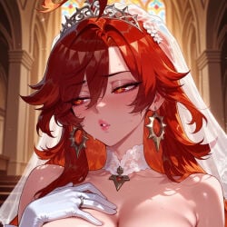 1girl 1girls ahoge ai_generated averting_eyes balecxi bangs bare_shoulders blush breasts bridal_veil bride choker church cleavage clothing collarbone crown curvaceous curvaceous_female curvaceous_figure curvy curvy_figure detached_collar dress earrings female female_focus genshin_impact glint gloves hair_between_eyes hand_on_own_chest headdress headwear hoyoverse indoors jewelry large_breasts lips long_hair looking_to_the_side mature_female mavuika_(genshin_impact) ornate_ring parted_lips pink_lips red_eyes red_hair ring solo stained_glass sweat tiara upper_body veil voluptuous voluptuous_female wedding_dress wedding_ring white_choker white_gloves