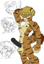 1boy 2007 ass balls blonde_hair color furry gideon green_eyes hair humanoid_penis male male_only nude partially_colored penis pose saber_tooth_tiger sketch solo