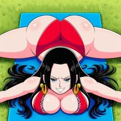 1girls above_view ai_generated big_ass big_breasts big_butt black-haired_female black_hair boa_hancock bubble_ass bubble_butt dark_blue_eyes dat_ass dat_butt earrings eyes_open facing_forward facing_viewer female female_focus female_only light-skinned_female light_skin light_skinned_female long-haired_female long_hair novelai one_piece open_eyes outdoors outside red_underwear smug smug_face smug_smile splits teeth teeth_showing teeth_visible thicc thicc_ass thicc_butt yoga yoga_mat yoga_pose