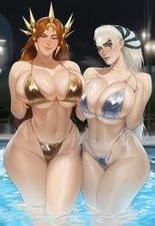 2girls ai_generated ass bikini breasts curvaceous curvy diana_(league_of_legends) gigantic_breasts hands_on_breasts huge_ass huge_breasts league_of_legends leona_(league_of_legends) nipples nipples_visible_through_clothing seductive seductive_look tagme thick_ass thick_thighs thighs voluptuous voluptuous_female