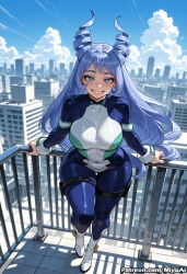 1girl ai_assisted ai_generated artist_name bangs blue_eyes blue_hair blue_sky bodysuit boku_no_hero_academia boots breasts building city cityscape cloud covered_navel cropped_jacket curvaceous curvy curvy_female curvy_figure day drill_hair female grin hado_nejire high_heel_boots large_breasts long_hair long_sleeves looking_at_viewer miyuai my_hero_academia outdoors railing sky smile solo superhero thick thick_ass thick_butt thick_hips thick_legs thick_thighs thigh_strap twin_drills voluptuous voluptuous_female wide_hips wide_thighs