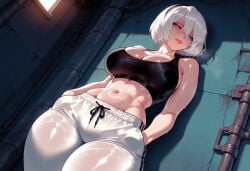 1girl 1girls 2b_(nier:automata) abs against_wall ai_generated alternate_costume balecxi bare_shoulders black_hairband black_sports_bra blue_eyes blush bra breasts cleavage clothing collarbone crop_top curvaceous curvaceous_female curvaceous_figure curvy curvy_figure female female_focus hair_between_eyes hairband hands_in_pockets inviting inviting_to_sex large_breasts lips midriff mole mole_under_mouth muscular muscular_female naughty_face navel nier:_automata nier_(series) no_blindfold pants parted_lips presenting presenting_breasts presenting_self seductive seductive_look seductive_smile see-through shiny_skin short_hair smile solo sports_bra stomach sweat sweatpants tank_top thick_thighs thighs toned track_pants voluptuous voluptuous_female wet wet_clothes white_hair white_pants wide_hips yoga_pants yorha_2b
