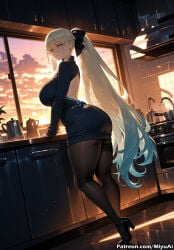 1girl ai_assisted ai_generated alternate_costume ass bangs belfast_(azur_lane) black_dress black_footwear black_legwear black_ribbon blue_eyes blush breasts cup curvaceous curvy curvy_female curvy_figure dress elbow_gloves eyebrows_visible_through_hair fate/grand_order fate_(series) female from_behind gloves hair_ribbon high_heel_boots high_heels indoors jewelry large_breasts long_hair looking_at_viewer looking_back miyuai morgan_le_fay_(fate) pantyhose ponytail ribbon sidelocks silver_hair solo standing sweater_dress table thick thick_ass thick_butt thick_hips thick_legs thick_thighs thighs very_long_hair voluptuous voluptuous_female wide_hips wide_thighs window
