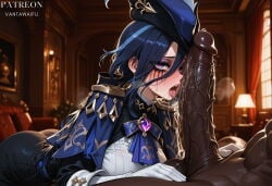 1boy 1girl ai_generated ascot ass bangs blue_ascot blue_cape blue_hair blue_headwear blush breasts cape clorinde_(genshin_impact) clothed_female_nude_male clothing corset dangle_earrings dark-skinned_male dark_blue_hair dark_skin earrings erection fellatio female genshin_impact gloves hair_between_eyes hat hat_feather headwear hetero huge_penis imminent_fellatio indoors interracial jewelry lamp large_breasts large_penis licking licking_penis lipstick long_hair looking_at_viewer low_ponytail makeup male nude open_mouth oral penis penis_on_face purple_eyes runny_makeup saliva shirt solo_focus testicles tongue tongue_out tricorne vantawaifu veins veiny_penis very_dark_skin vision_(genshin_impact) white_gloves white_shirt