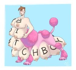 12_nipples 2021 big_breasts big_nipples blue_background body_writing boobipede border breast_creature breasts canid canid_taur canine canine_taur canis claws colorcult demi_transformation digital_media_(artwork) dog_taur domestic_dog english_text female fur gender_transformation human humanoid_taur hybrid intersex light_body light_skin mammal mammal_taur multi_breast multi_nipple nipples nude pink_body pink_fur poodle poodle_taur profanity signature simple_background solo standing tail tail_tuft taur text toe_claws transformation tuft white_border writing_on_breasts