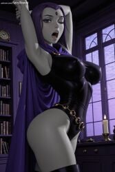 1girl ai_generated armpits arms_behind_head arms_up book bookshelf breasts cape covered_nipples forehead_jewel hi_res high_quality high_resolution indoors large_breasts leotard library looking_at_viewer one_eye_closed open_mouth patreon patreon_username purple_eyes purple_hair raven_(dc) seductive sexy short_hair solo spicytoonai teen_titans thighhighs uncensored watermark window