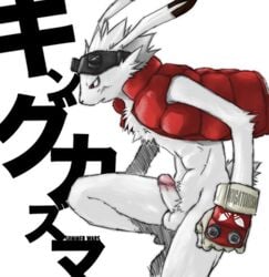 1boy anthro bottomless chest_tuft fur furry goggles japanese_text king_kazuma kugatora lagomorph male male_only open_clothes open_shirt rabbit shirt solo summer_wars