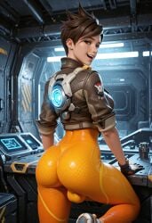 1futa ai_generated ass athletic athletic_futa balls_under_clothes brown_eyes brown_hair bulge bulge_through_clothing fit fit_futa futanari overwatch overwatch_2 short_hair sparcy tracer