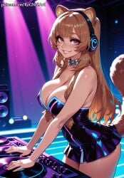 1girl 2026 ai_generated animal_ear_fluff animal_ears animal_tail anime bangs bare_shoulders black_dress blunt_bangs blush boobs breasts brown_hair cat_ears cleavage collar collarbone cowboy_shot crossover dress eye_contact female female_focus flushed grin headphones highres huge_breasts indoors inside large_breasts leaning_forward lips long_hair looking_at_viewer microdress nsfw patreon patreon_username pink_eyes raccoon_ears raccoon_girl raccoon_tail raphtalia rognezart short_dress sidelocks smile smiling solo strapless strapless_dress tail teeth the_rising_of_the_shield_hero thick_thighs thighs very_long_hair
