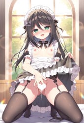 1girl :d apron ass_visible_through_thighs black_dress black_hair black_panties blush breasts brown_thighhighs censored day dress frilled_apron frilled_dress frills garter_belt green_eyes groin hair_between_eyes heart heart_censor kneeling long_hair looking_at_viewer maid maid_headdress mauve nipples nose_blush original panties panties_around_one_leg puffy_short_sleeves puffy_sleeves pussy_juice pussy_juice_trail sample_watermark short_sleeves small_breasts smile solo spread_pussy sunlight thighhighs underwear very_long_hair watermark white_apron window