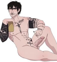beer_can black_hole black_hole-shaped_pupils brown_hair cigarette cigarette_in_hand erection green_eyes grok_(x) hard_cock hazel_eyes jacob's_ladder naked naked_male nipple_piercing original_artwork original_character personification prince_albert_piercing request smirk tattoo_on_arm tattoos thick_eyebrows twitter_logo uncensored