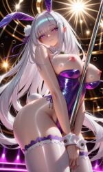 ai_generated breasts breasts_out bunnysuit nipples purple_leotard re:zero_kara_hajimeru_isekai_seikatsu satella_(re:zero) slombert stripper_pole