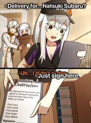 1boy 1girls black_clothing black_eyes black_hair brown_eyes delivery_employee dominant_female echidna echidna_(re:zero) emilia_(re:zero) female horny horny_female male mayngomay natsuki_subaru peak re:zero_kara_hajimeru_isekai_seikatsu regulus_corneas white_hair