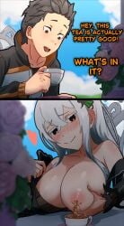 1boy 1boy1girl 1girls big_boobs black_clothing black_eyes black_hair boobs boobs_out breasts breasts_out brown_eyes echidna_(re:zero) female male mayngomay natsuki_subaru nipples peak re:zero_kara_hajimeru_isekai_seikatsu visible_nipples white_hair