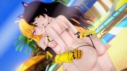 2girls black_hair black_hair_female blake_belladonna blonde_female blonde_hair canon_couple ember_celica half-dressed half_naked half_naked_female logang45 long_hair long_hair_female robotic_arm rwby yang_xiao_long
