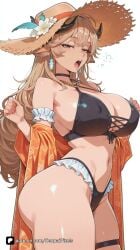 1girl ai_generated animal_ears arknights arknights:_endfield artist_name bangs bare_shoulders bikini black_bikini black_choker breasts brown_eyes brown_hair brown_headwear choker cleavage covered_nipples cowboy_shot criss-cross_halter earrings flower frilled_bikini frills half-closed_eyes halterneck hat hat_flower horns jewelry large_breasts long_hair looking_at_viewer meteorite_(arknights) navel official_alternate_costume open_mouth patreon senpai_pixels sensitive simple_background skindentation solo straw_hat sun_hat swimsuit thigh_strap thighs white_background