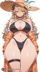 1girl ai_generated arknights arknights:_endfield artist_name bangs bare_shoulders bikini black_bikini black_choker breasts brown_eyes brown_hair brown_headwear cameltoe choker cleavage closed_mouth criss-cross_halter earrings flower halterneck hat hat_flower highleg highleg_bikini horns jacket jewelry large_breasts long_hair looking_at_viewer meteorite_(arknights) navel off_shoulder orange_jacket patreon pointy_ears senpai_pixels sensitive simple_background skindentation smile solo straw_hat sun_hat swimsuit thick_thighs thigh_gap thigh_strap thighs white_background wide_hips