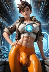 1futa abs ai_generated athletic athletic_futa breasts brown_eyes brown_hair bulge bulge_through_clothing fit fit_futa futanari overwatch overwatch_2 short_hair sparcy tracer