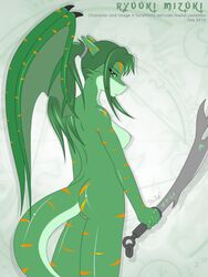 2010 countershading dragon faiz female green_skin hair long metal-renamon mizuki nipples nude runes solo stripes sword weapon wings