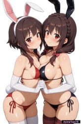 ai ai_generated animal_tail animetoon18 bikini brown_hair bunny_ears bunny_tail fake_animal_ears kono_subarashii_sekai_ni_shukufuku_wo! konosuba looking_at_viewer megumin red_eyes sweat white_background yunyun_(konosuba)