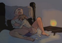 2boys age_difference anal ass bed_sheet bottomless brown_hair candle collared_shirt cursoulla emil_(human)_(nier) emil_(nier) grabbing_another's_ass groping highres male_focus multiple_boys nier_(brother) nier_(brother)_(post_timeskip) nier_(series) on_bed onii-shota pants shirt shotadom size_difference socks white_hair white_shirt white_socks yaoi