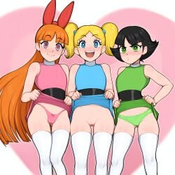 3girls ai_generated black_hair blonde_hair blossom_(powerpuff_girls) blue_dress blue_eyes blush bubbles_(powerpuff_girls) buttercup_(powerpuff_girls) dress_lift flashing frilled_panties green_dress green_eyes green_panties group_picture hair_bow long_hair multiple_expressions no_panties orange_hair pigtails pink_dress pink_eyes pink_thong powerpuff_girls short_hair thighhighs thong very_long_hair white_thighhighs