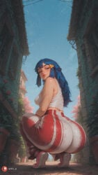 1girl ai_generated aisinful ass big_ass big_boobs big_butt blush breasts building butt city closed_eyes dawn_(pokemon) female hi_res large_breasts long_hair medium_breasts outdoors pokemon shrine skirt sleeveless sleeveless_shirt solo squatting tank_top thick_thighs wide_hips