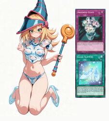 1girls ai_generated blush blush_stickers blushing breastplate breasts dark_magician_girl feet female floating_in_air glass_slipper hair_between_eyes hat high_heels navel nipples pussy see-through_clothing simple_background thong translucent_clothing transparent_clothing wand yu-gi-oh! yu-gi-oh!_card