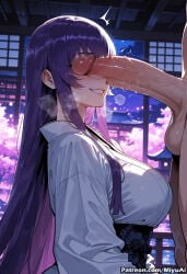 1boy 1girl ai_assisted ai_generated bangs bar_censor blunt_bangs blush breasts busujima_saeko curvaceous curvy curvy_female curvy_figure erection eyebrows_visible_through_hair female grin highschool_of_the_dead huge_penis large_breasts large_penis long_hair looking_at_penis miyuai night nude penis penis_awe penis_on_face purple_hair smile testicles thick thick_ass thick_butt thick_hips thick_legs thick_thighs veins veiny_penis voluptuous voluptuous_female wide_hips wide_thighs window