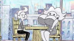 big_boobs big_breasts blitzo_(helluva_boss) boobs busty busty_female busty_girl helluva_boss huge_boobs huge_breasts large_boobs large_breasts official official_art screen_capture screencap screenshot spindlehorse_toons table vivziepop