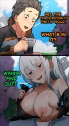 1boy 1boy1girl 1girls big_boobs black_clothing black_eyes black_hair boobs boobs_out breasts breasts_out brown_eyes echidna_(re:zero) female male mayngomay natsuki_subaru nipples peak re:zero_kara_hajimeru_isekai_seikatsu visible_nipples white_hair