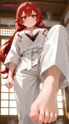 ai_assisted ai_generated angry_face barefoot big_breasts breasts cleavage dojo eris_greyrat feet female foot_fetish lewdfeetai mushoku_tensei solo sweat toes
