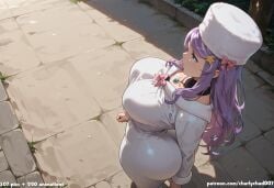 1girl 1girls absurd_res ai_assisted ai_generated anastasia_hoshin anime ass ass_focus black_choker blue_eyes blue_gemstone boobs breasts bubble_butt butt butt_focus charlychad007 cleavage curvaceous curvy curvy_figure from_above fur_hat glistening_skin high_resolution high_slit highres hourglass_figure huge_ass huge_breasts huge_butt large_breasts light-skinned_female looking_away masterpiece patreon patreon_logo patreon_username pink_bow purple_hair re:zero_kara_hajimeru_isekai_seikatsu side_view sideboob solo standing star_hair_ornament sweat thick_thighs thighs very_long_hair voluptuous white_dress white_hat wide_hips