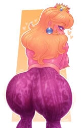 1girl alternate_costume ass ass_shake ass_shaking ball_earrings bell-bottoms big_breasts blonde_hair blue_eyes breasts commentary confiserie crown earrings english_commentary flare_pants forbidden_pants heart highres jewelry large_breasts long_hair looking_at_viewer looking_back mario_(series) meme_attire motion_blur nintendo pants pink_pants pink_shirt princess_peach print_pants shirt solo sphere_earrings twerk twerking