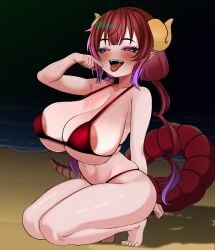 1female 1girl 1girls big_breasts bikini blush boobs breasts digital_drawing_(artwork) digital_media_(artwork) female female_only horns huge_breasts ilulu_(dragon_maid) miss_kobayashi's_dragon_maid mostly_nude mostly_nude_female pink_eyes red_hair salmon_hair slit_pupils solo solo_female sticking_out_tongue syeneon tail teeth toes tongue tongue_out woman