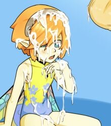 1boy 1girls atlus blush brown_hair bukkake covered_in_cum cum cum_everywhere cum_on_body cum_on_face excessive_cum fairy fairy_wings female gallica hinaz1 male metaphor:_refantazio minigirl pointy_ears wings